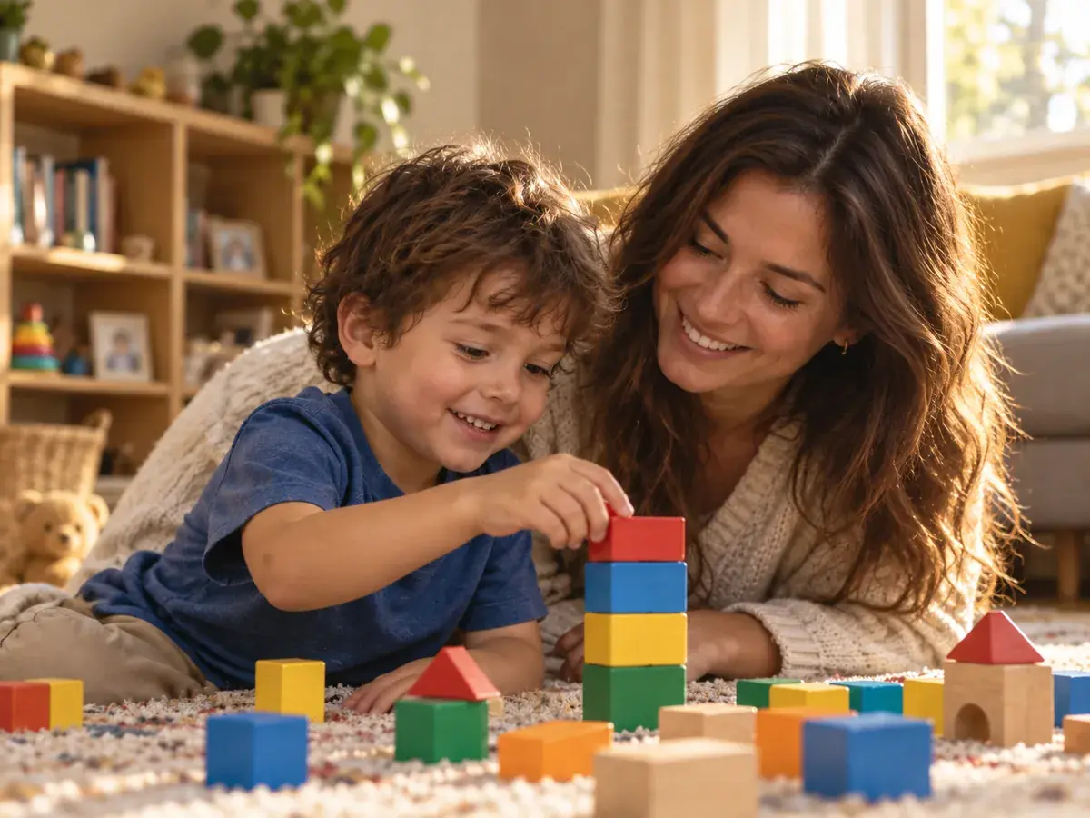 Mãe observando o filho montar uma torre de blocos no tapete da sala
