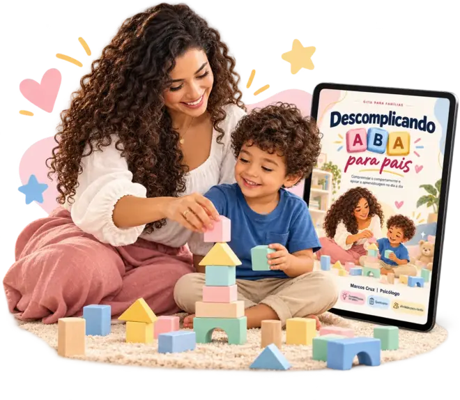 Mãe e filho brincando com blocos coloridos ao lado de um tablet com o e-book Descomplicando ABA para pais